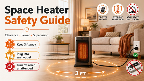 Space heater safety guide with 3-foot clearance, wall outlet, and shutoff tips in a cozy living room.