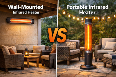 Wall-mounted vs portable infrared patio heaters on a cozy porch.