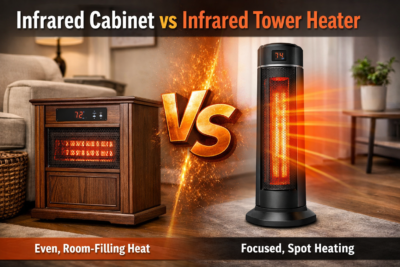 Infrared cabinet heater vs infrared tower heater comparison image.