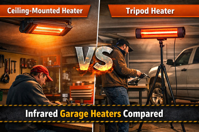 Ceiling-mounted vs tripod infrared garage heater comparison image.
