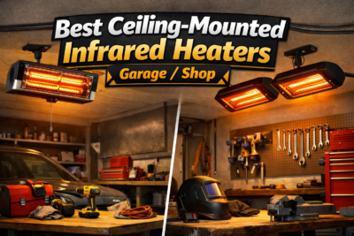 Ceiling-mounted infrared heaters in a garage workshop above workbenches.